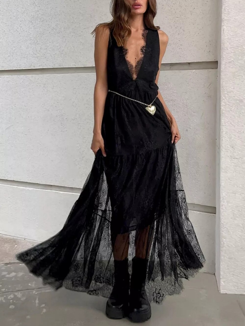 Lace V-Neck Sleeveless Maxi Dress